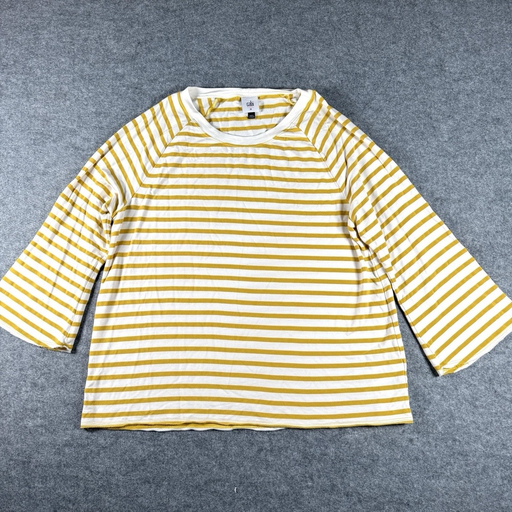 CAbi Raglan Long Sleeve Top Yellow White Stripe Casual Womens Medium Basic